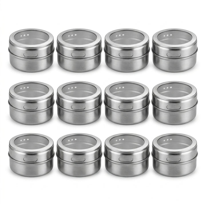 12-Piece Magnetic Stainless Steel Spice Tin Set - Clear Lid Storage Containers
