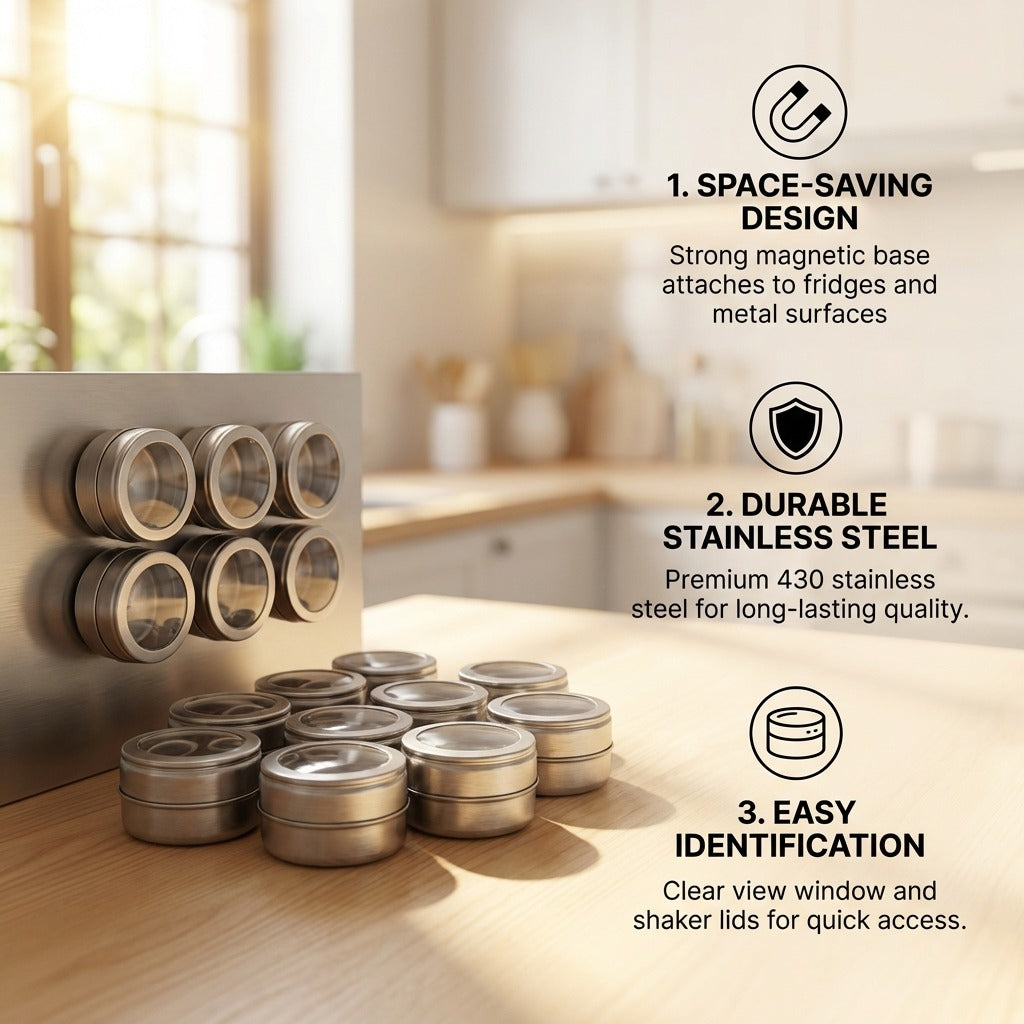 12-Piece Magnetic Stainless Steel Spice Tin Set - Clear Lid Storage Containers