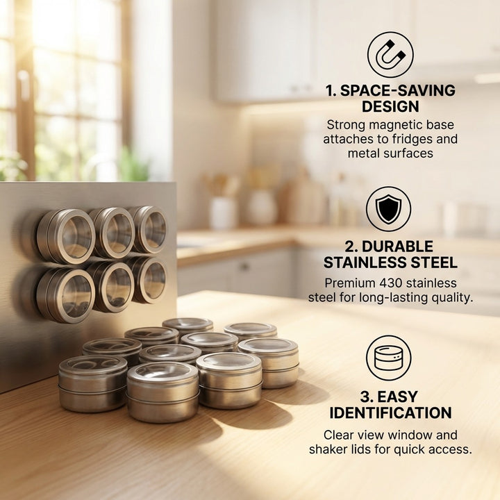 12-Piece Magnetic Stainless Steel Spice Tin Set - Clear Lid Storage Containers