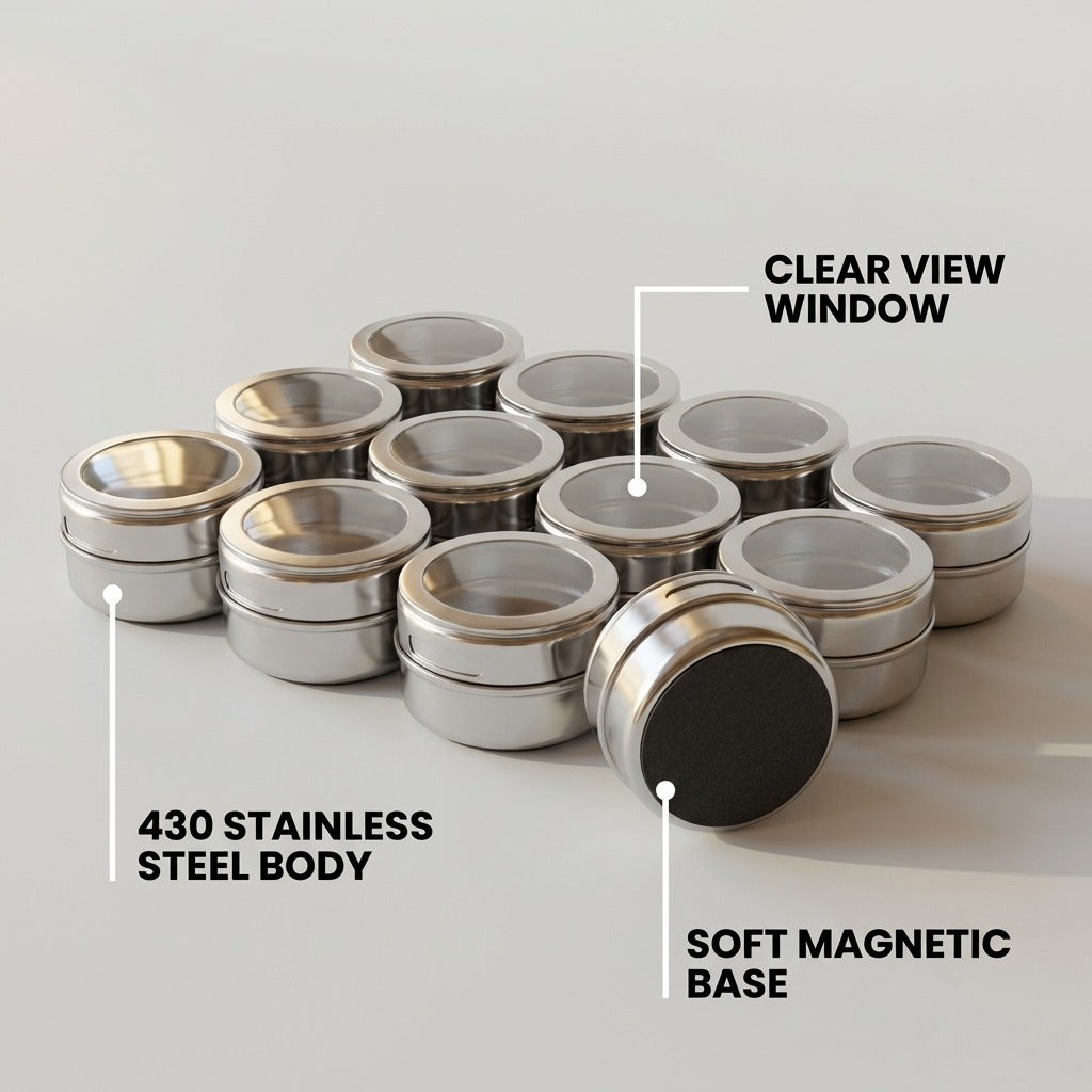 12-Piece Magnetic Stainless Steel Spice Tin Set - Clear Lid Storage Containers