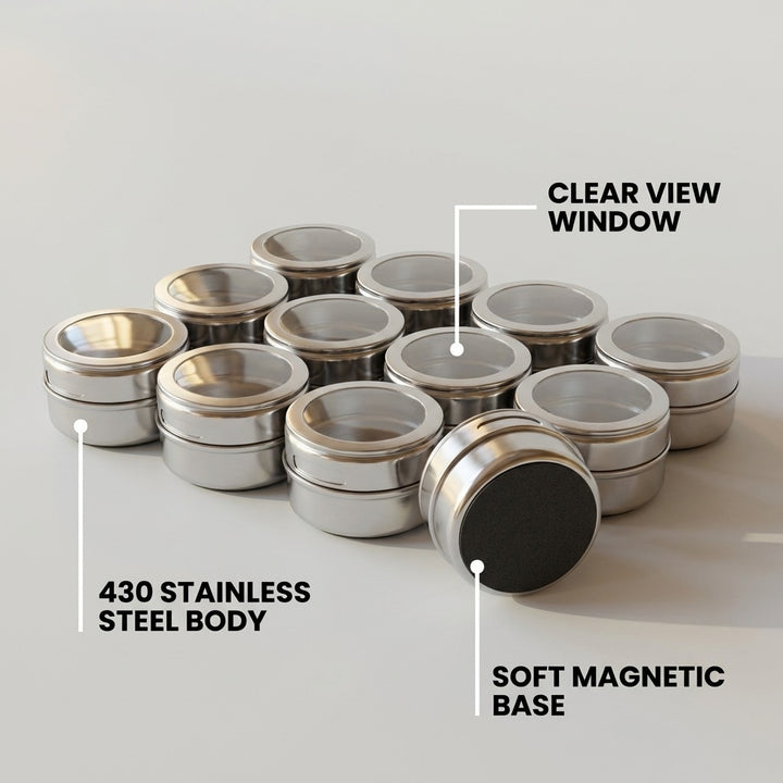 12-Piece Magnetic Stainless Steel Spice Tin Set - Clear Lid Storage Containers