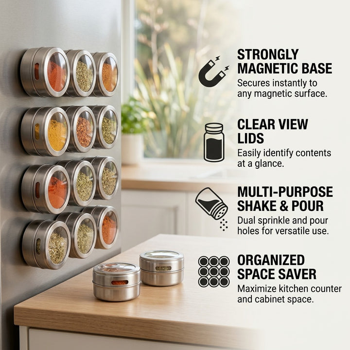 12-Piece Magnetic Stainless Steel Spice Tin Set - Clear Lid Storage Containers