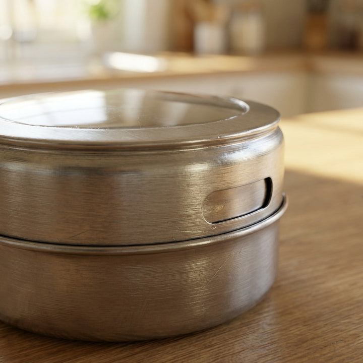 12-Piece Magnetic Stainless Steel Spice Tin Set - Clear Lid Storage Containers