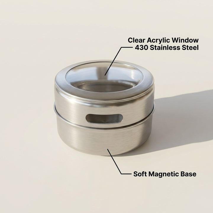 12-Piece Magnetic Stainless Steel Spice Tin Set - Clear Lid Storage Containers