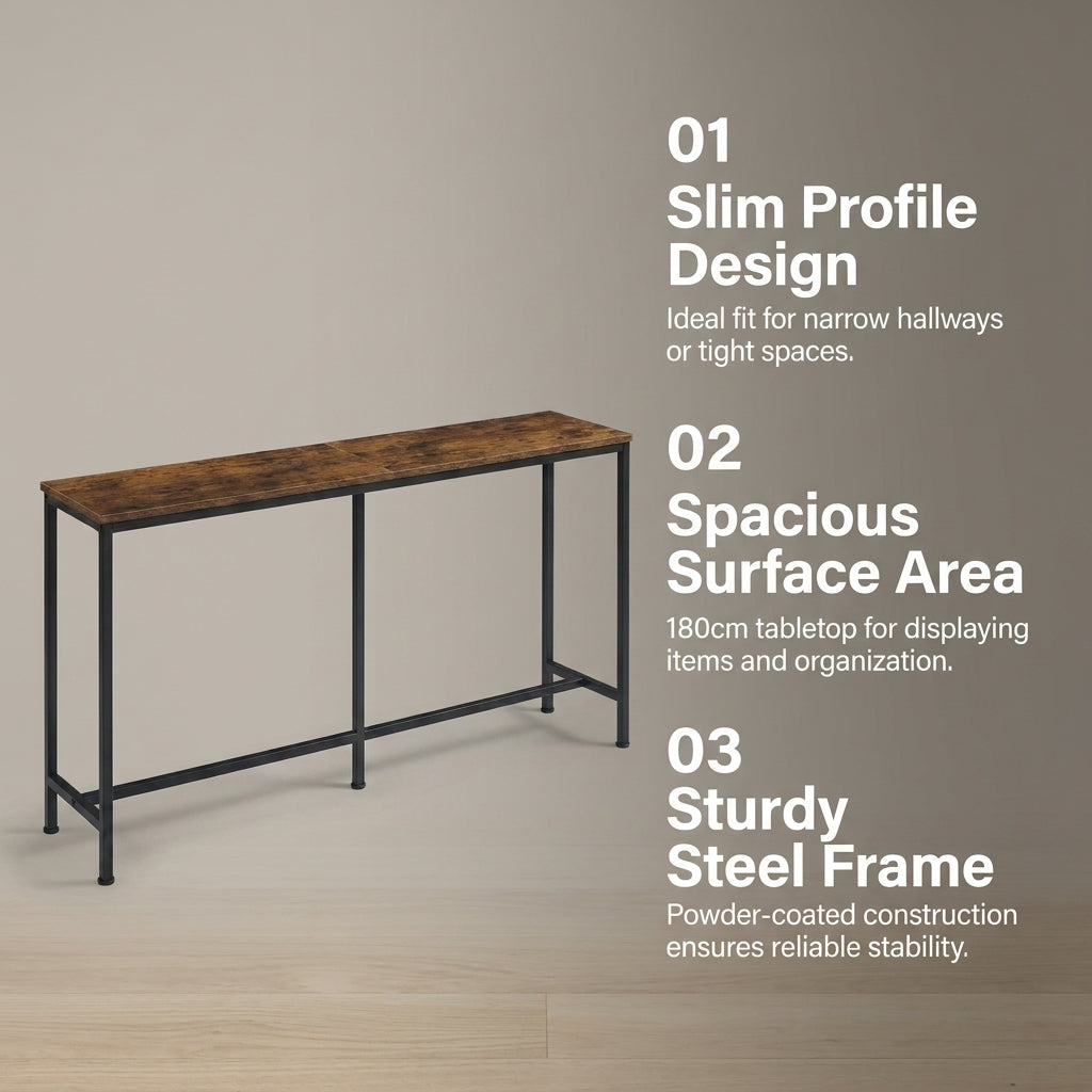 180cm Narrow Console Table - Rustic Brown Slim Hallway Entryway Stand