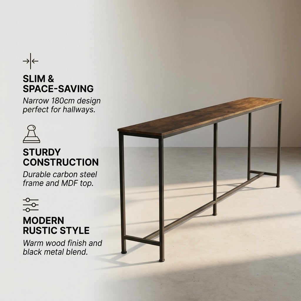 180cm Narrow Console Table - Rustic Brown Slim Hallway Entryway Stand