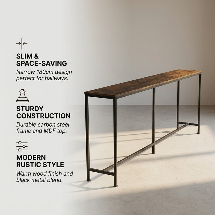 180cm Narrow Console Table - Rustic Brown Slim Hallway Entryway Stand