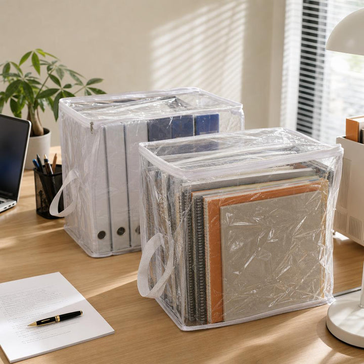 2-Pack Large Clear PVC Office Storage Bags with Reinforced Handles - Cream White