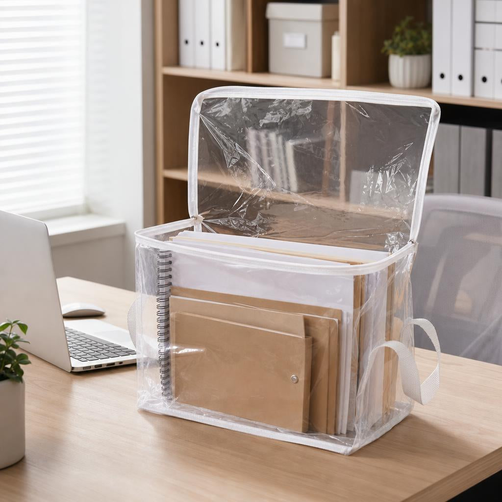 2-Pack Large Clear PVC Office Storage Bags with Reinforced Handles - Cream White