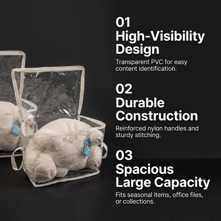 2-Pack Large Clear PVC Office Storage Bags with Reinforced Handles - Cream White