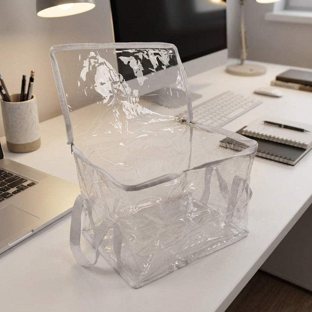 2-Pack Large Clear PVC Office Storage Bags with Reinforced Handles - Cream White