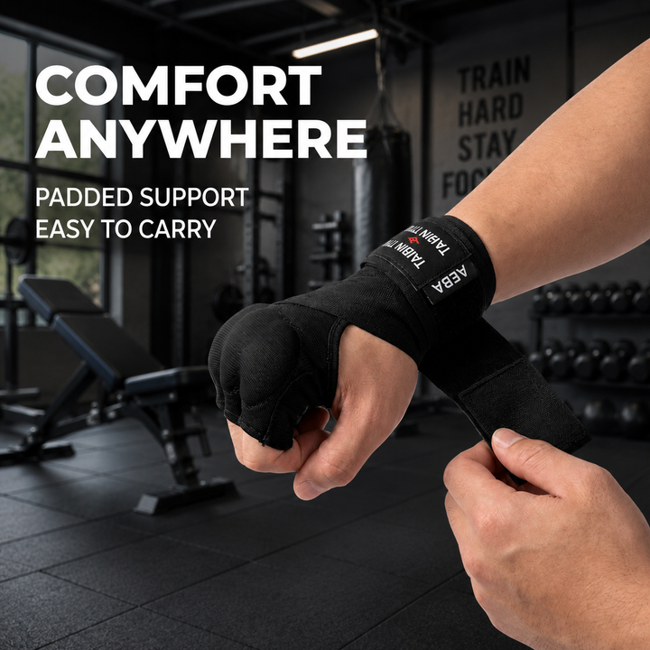 Half Finger Gel Boxing Hand Wraps Inner Gloves for MMA & Muay Thai - Black