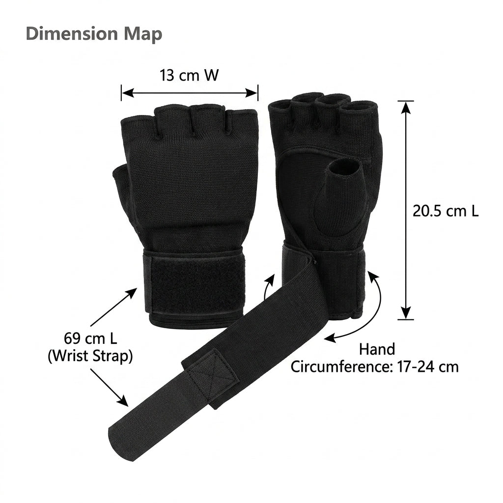 Half Finger Gel Boxing Hand Wraps Inner Gloves for MMA & Muay Thai - Black