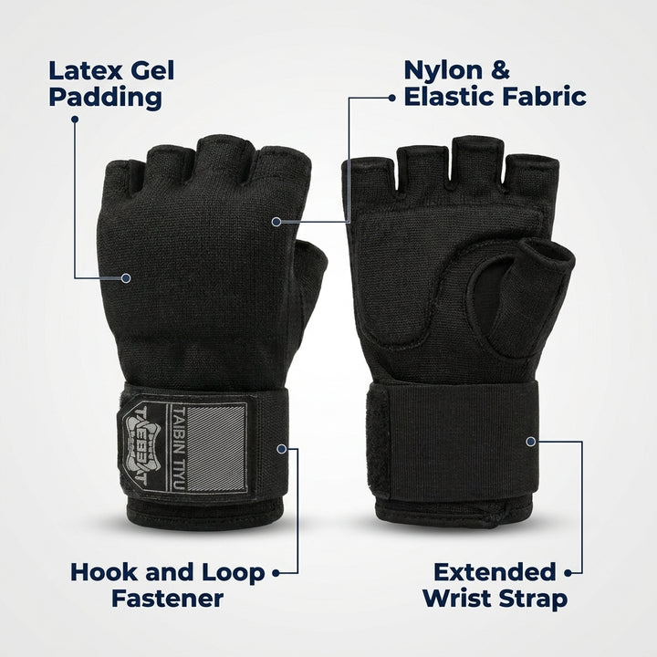 Half Finger Gel Boxing Hand Wraps Inner Gloves for MMA & Muay Thai - Black