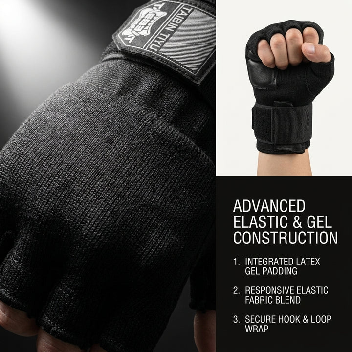 Half Finger Gel Boxing Hand Wraps Inner Gloves for MMA & Muay Thai - Black