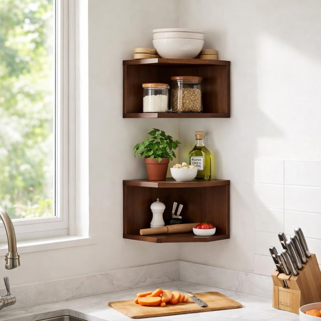 Corner Floating Shelves Wall Mounted Set of 3 - Walnut Pine Wood