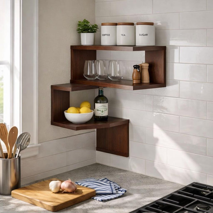 Corner Floating Shelves Wall Mounted Set of 3 - Walnut Pine Wood