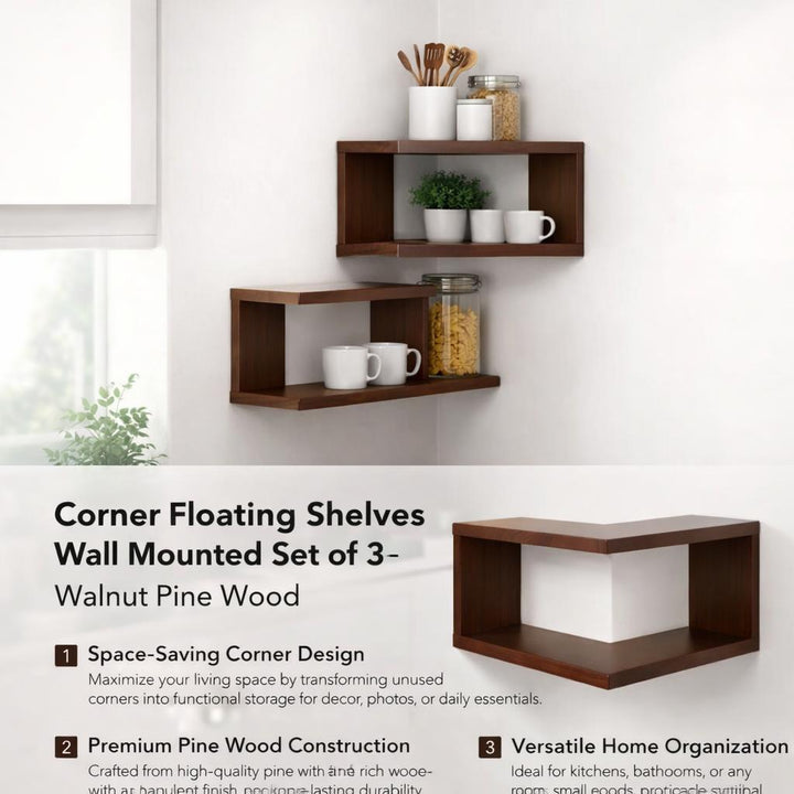 Corner Floating Shelves Wall Mounted Set of 3 - Walnut Pine Wood