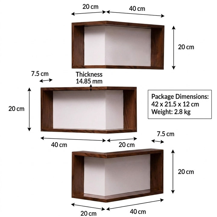 Corner Floating Shelves Wall Mounted Set of 3 - Walnut Pine Wood