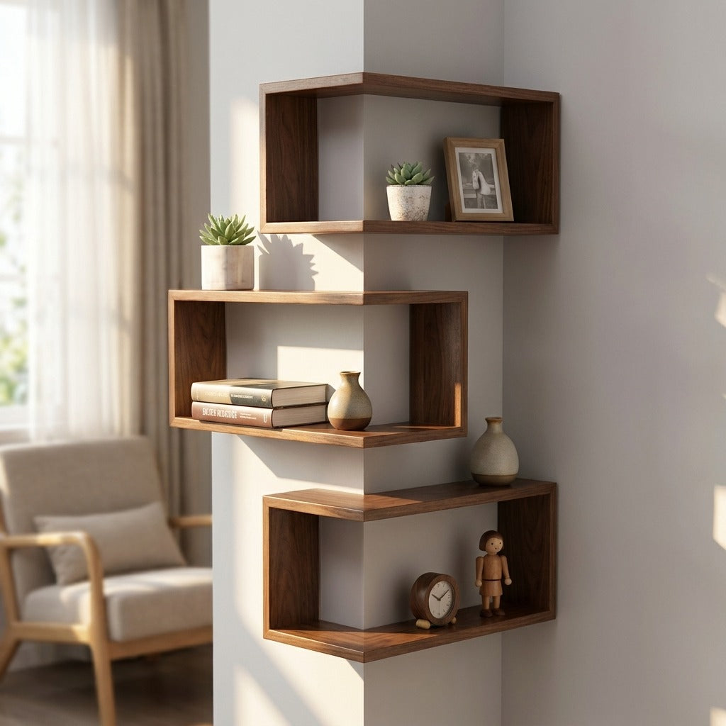 Corner Floating Shelves Wall Mounted Set of 3 - Walnut Pine Wood