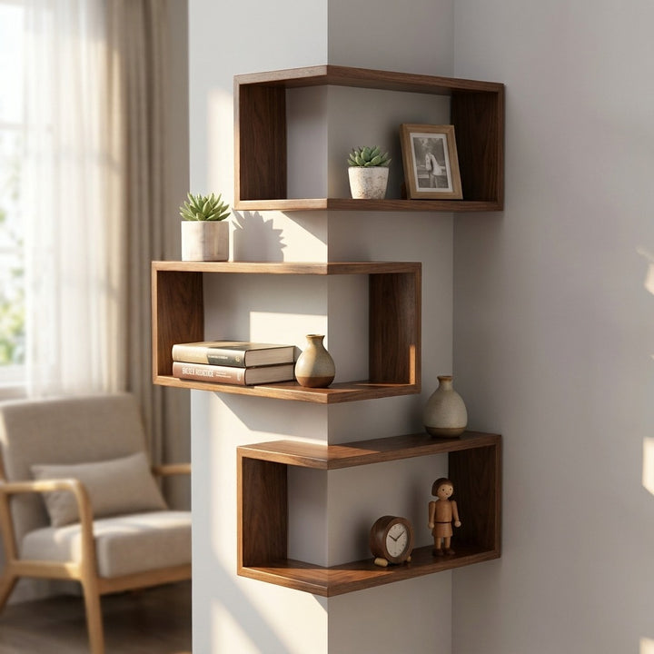 Corner Floating Shelves Wall Mounted Set of 3 - Walnut Pine Wood
