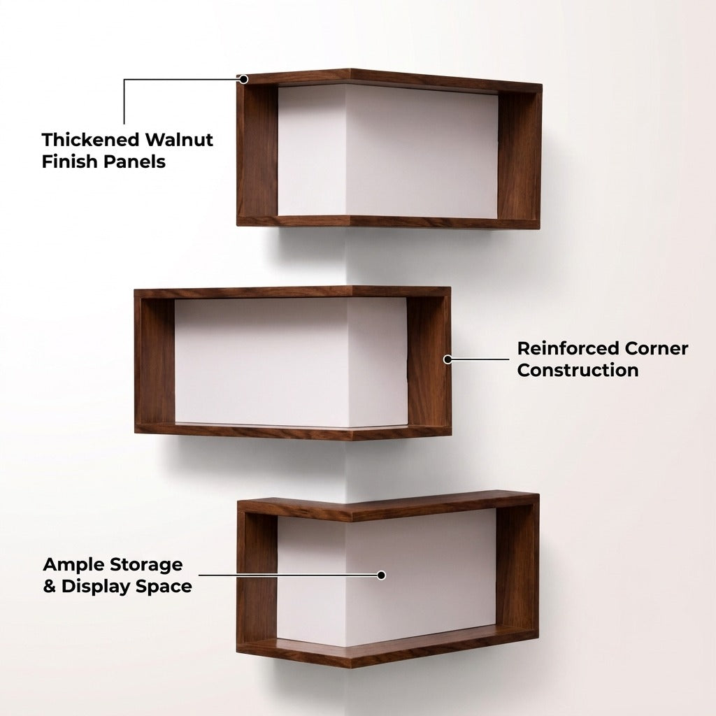 Corner Floating Shelves Wall Mounted Set of 3 - Walnut Pine Wood