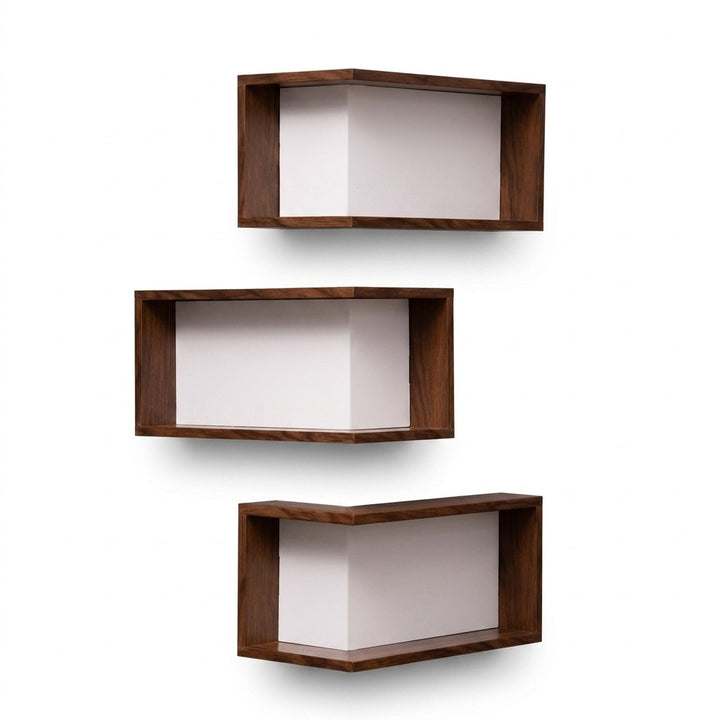 Corner Floating Shelves Wall Mounted Set of 3 - Walnut Pine Wood