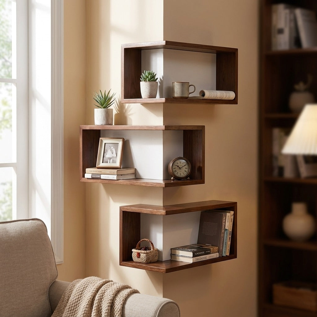 Corner Floating Shelves Wall Mounted Set of 3 - Walnut Pine Wood