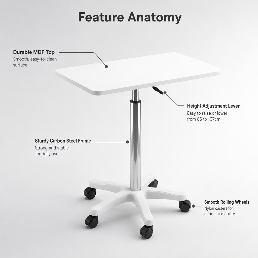 White Bedside Height Adjustable Table with Wheels - Mobile Overbed Desk