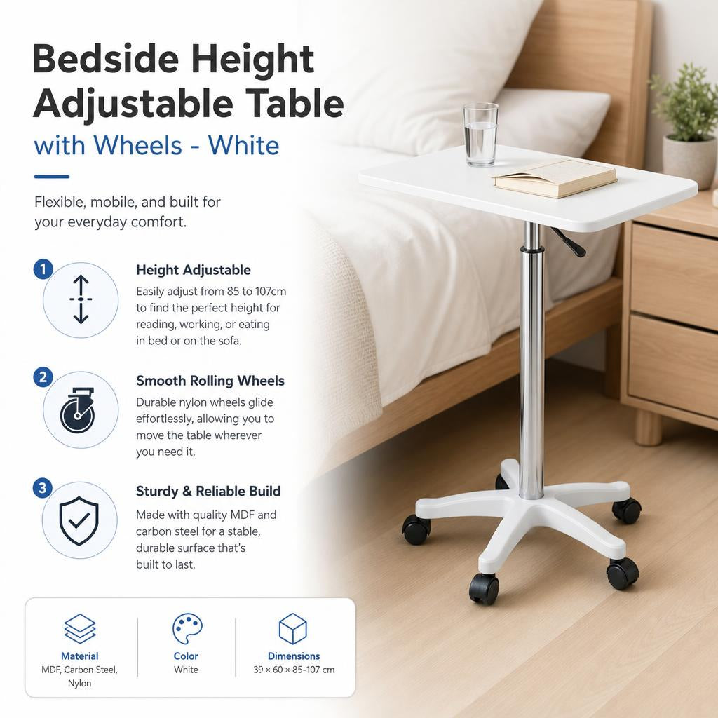 White Bedside Height Adjustable Table with Wheels - Mobile Overbed Desk
