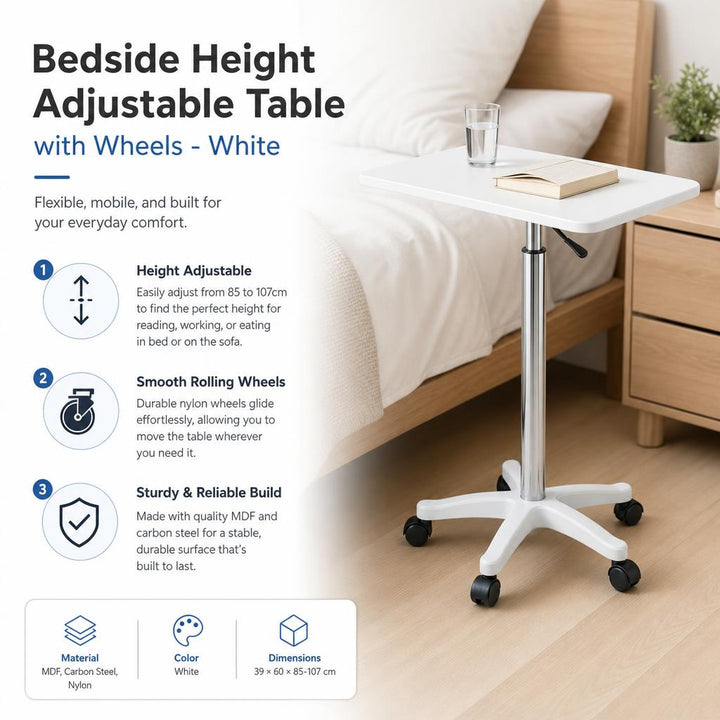 White Bedside Height Adjustable Table with Wheels - Mobile Overbed Desk