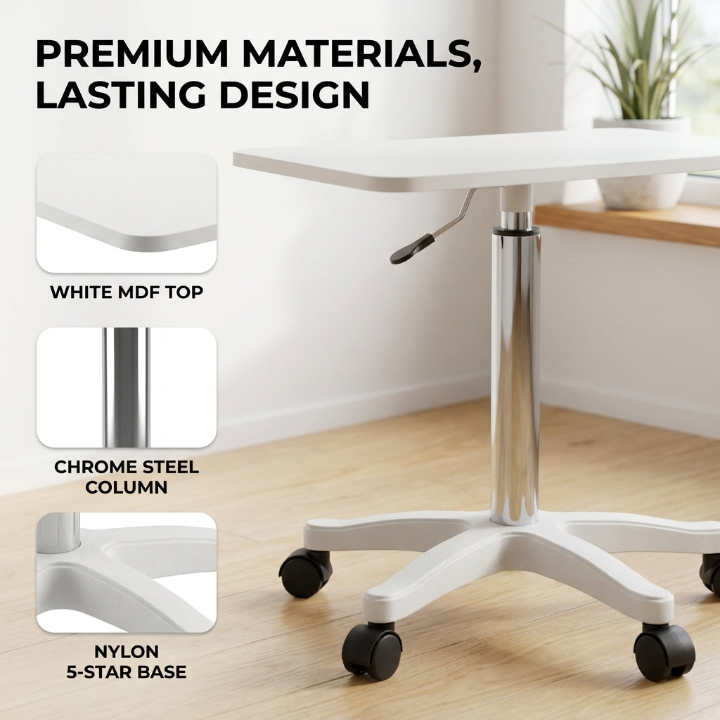 White Bedside Height Adjustable Table with Wheels - Mobile Overbed Desk