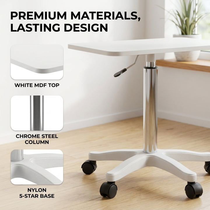 White Bedside Height Adjustable Table with Wheels - Mobile Overbed Desk