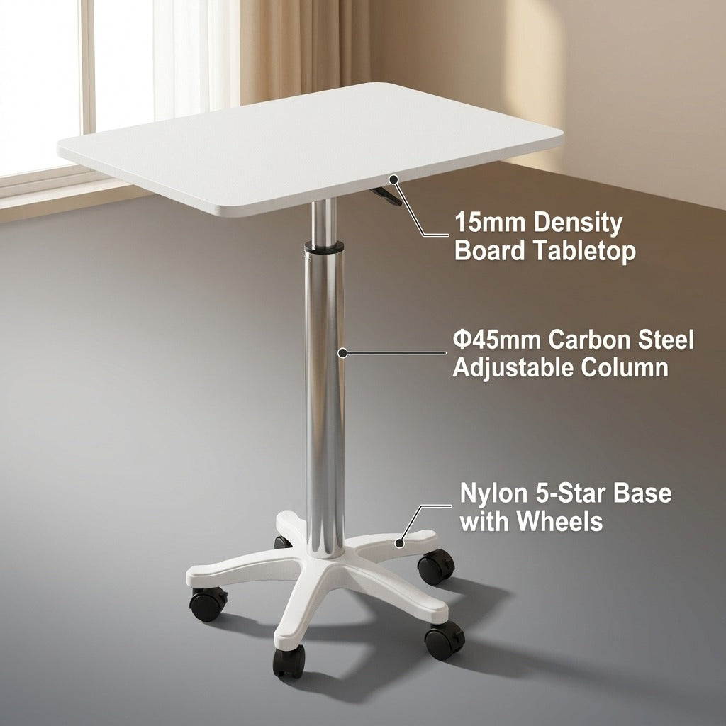White Bedside Height Adjustable Table with Wheels - Mobile Overbed Desk