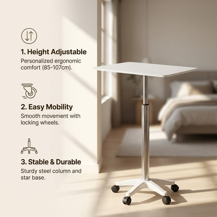 White Bedside Height Adjustable Table with Wheels - Mobile Overbed Desk