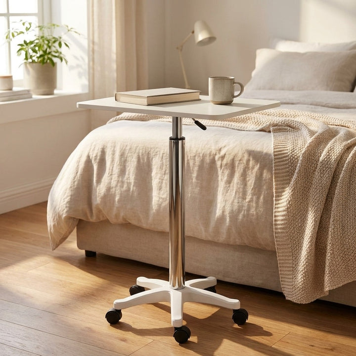 White Bedside Height Adjustable Table with Wheels - Mobile Overbed Desk