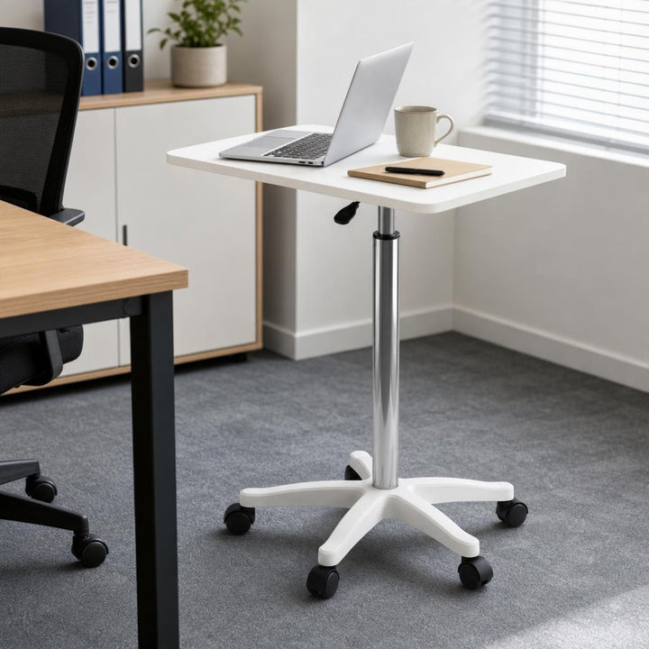 White Bedside Height Adjustable Table with Wheels - Mobile Overbed Desk