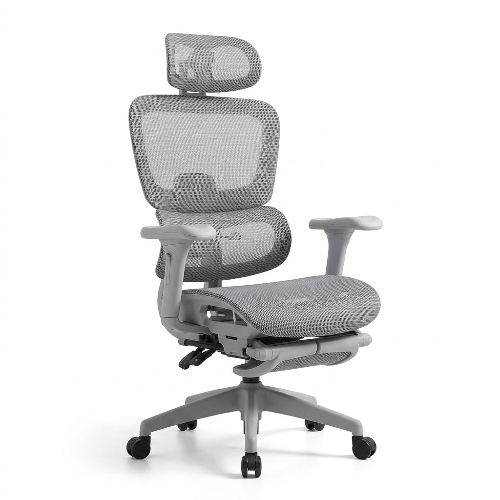 Ergonomic Mesh Office Chair with Footrest - Gray Hollow Back Design