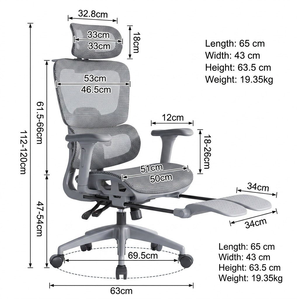 Ergonomic Mesh Office Chair with Footrest - Gray Hollow Back Design