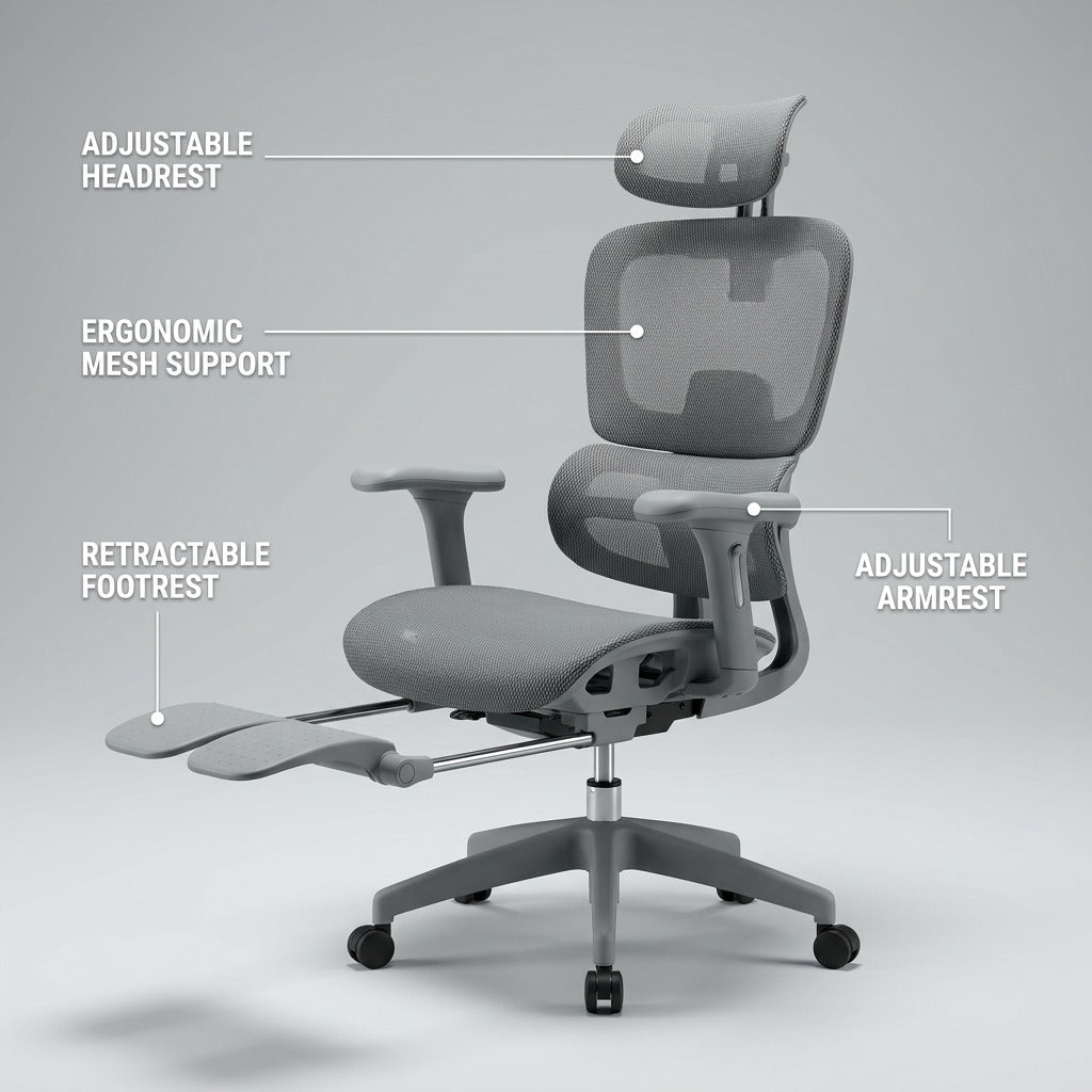 Ergonomic Mesh Office Chair with Footrest - Gray Hollow Back Design