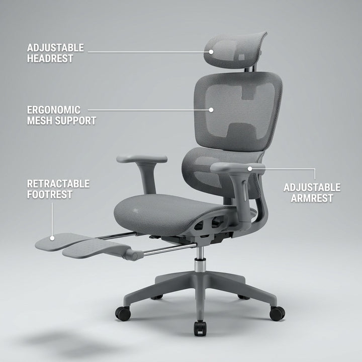 Ergonomic Mesh Office Chair with Footrest - Gray Hollow Back Design