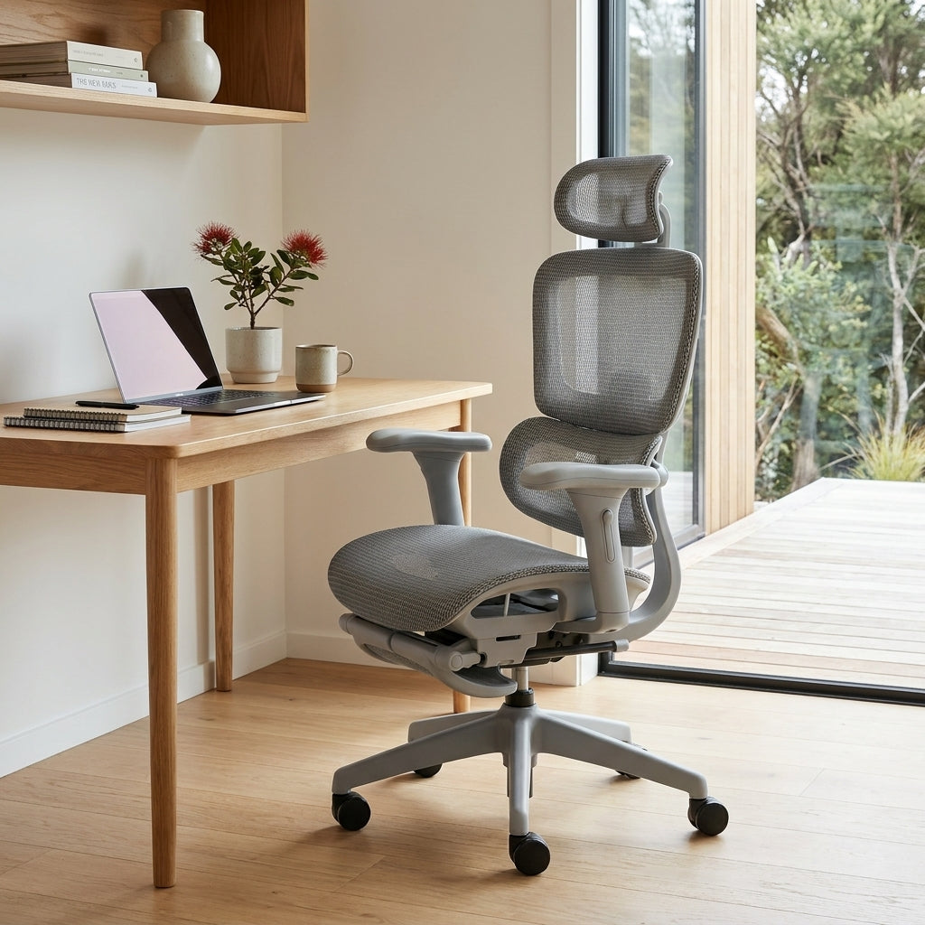 Ergonomic Mesh Office Chair with Footrest - Gray Hollow Back Design