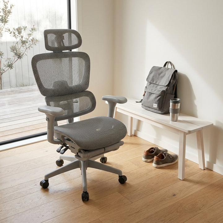 Ergonomic Mesh Office Chair with Footrest - Gray Hollow Back Design