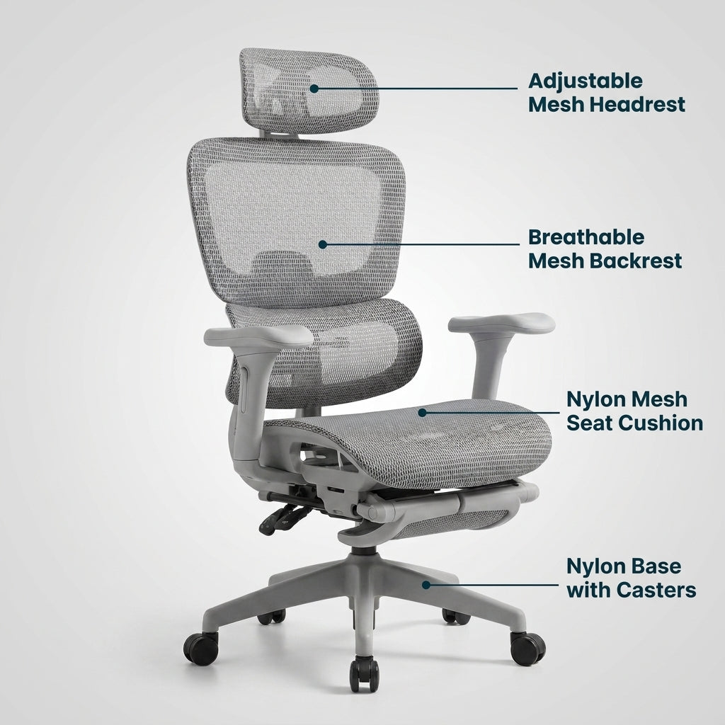 Ergonomic Mesh Office Chair with Footrest - Gray Hollow Back Design