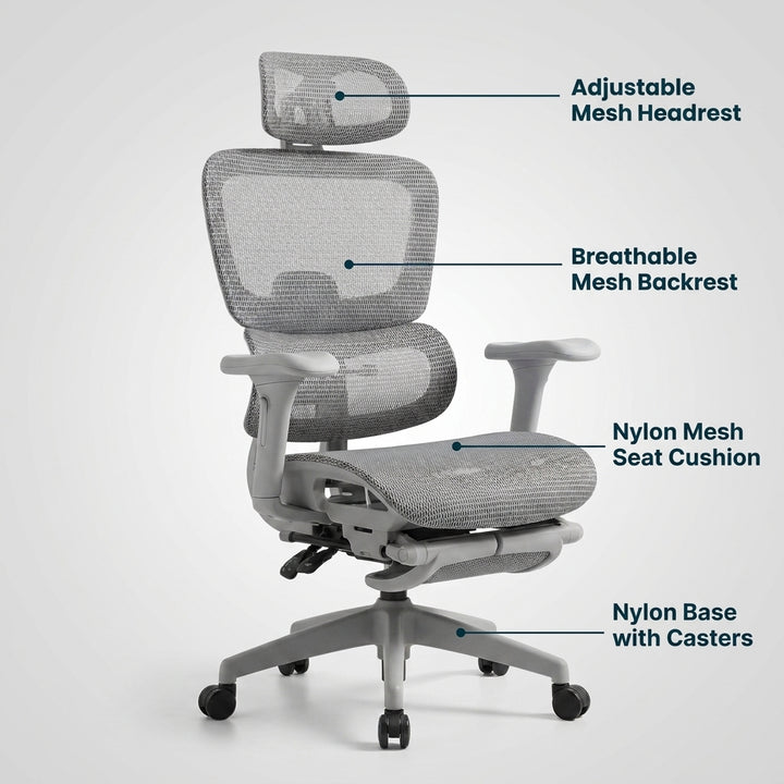 Ergonomic Mesh Office Chair with Footrest - Gray Hollow Back Design