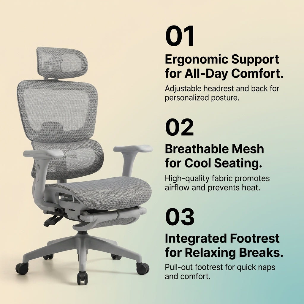Ergonomic Mesh Office Chair with Footrest - Gray Hollow Back Design