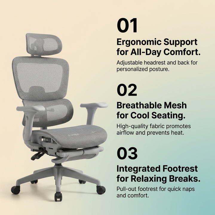 Ergonomic Mesh Office Chair with Footrest - Gray Hollow Back Design