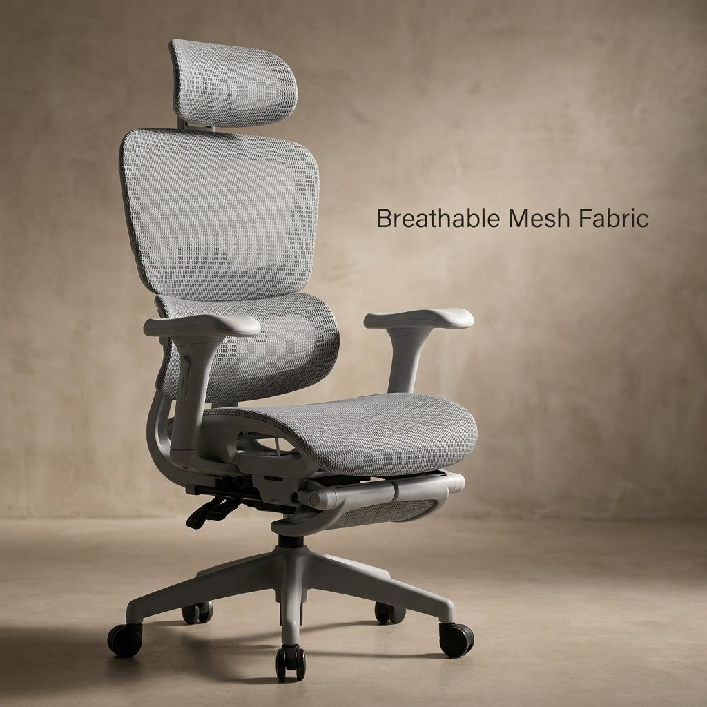 Ergonomic Mesh Office Chair with Footrest - Gray Hollow Back Design