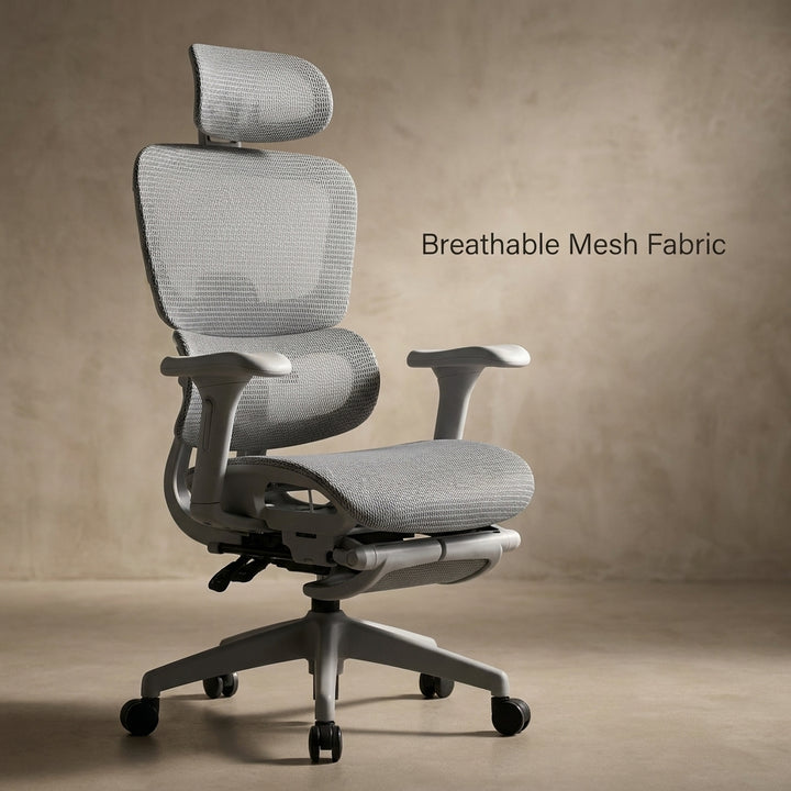 Ergonomic Mesh Office Chair with Footrest - Gray Hollow Back Design