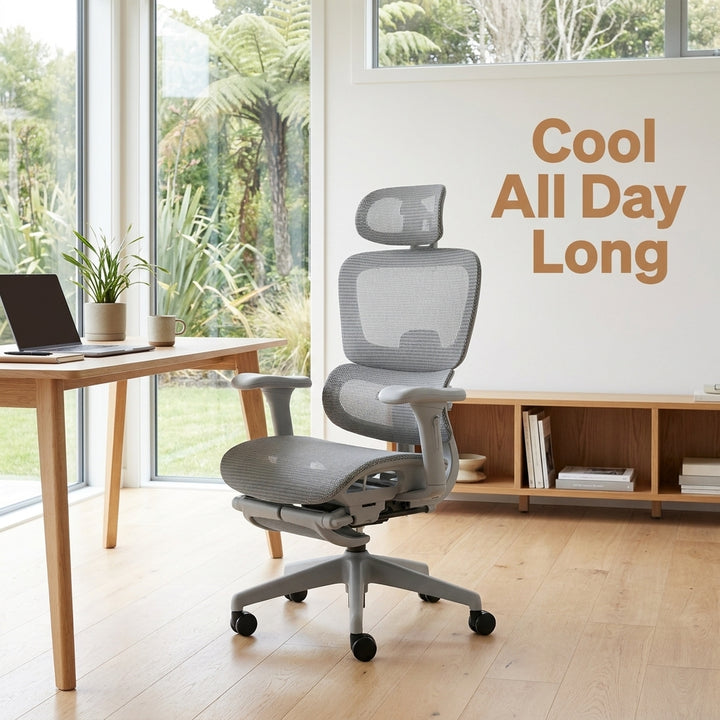 Ergonomic Mesh Office Chair with Footrest - Gray Hollow Back Design